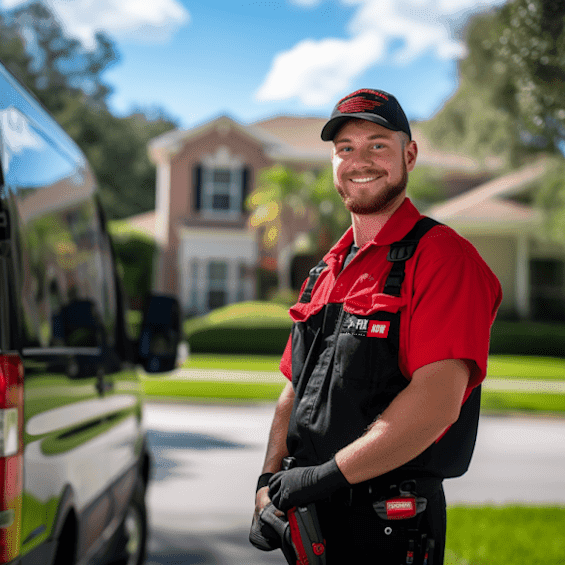 Fix Now technician in uniform next to the service van